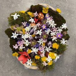 Primarstufe - Das Osternest der 3./4. Klasse. Die mit Blauholz oder Zwiebelschalen gefärbten Eier sind von üppigem Blumenschmuck umgeben.